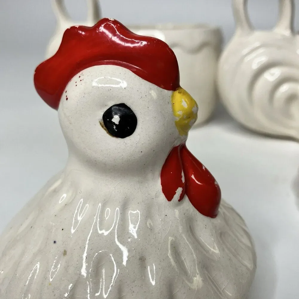 Vtg Rooster & Chicken Hen Coffee & Sugar Bowls Spanish Folk Art White Farmhouse